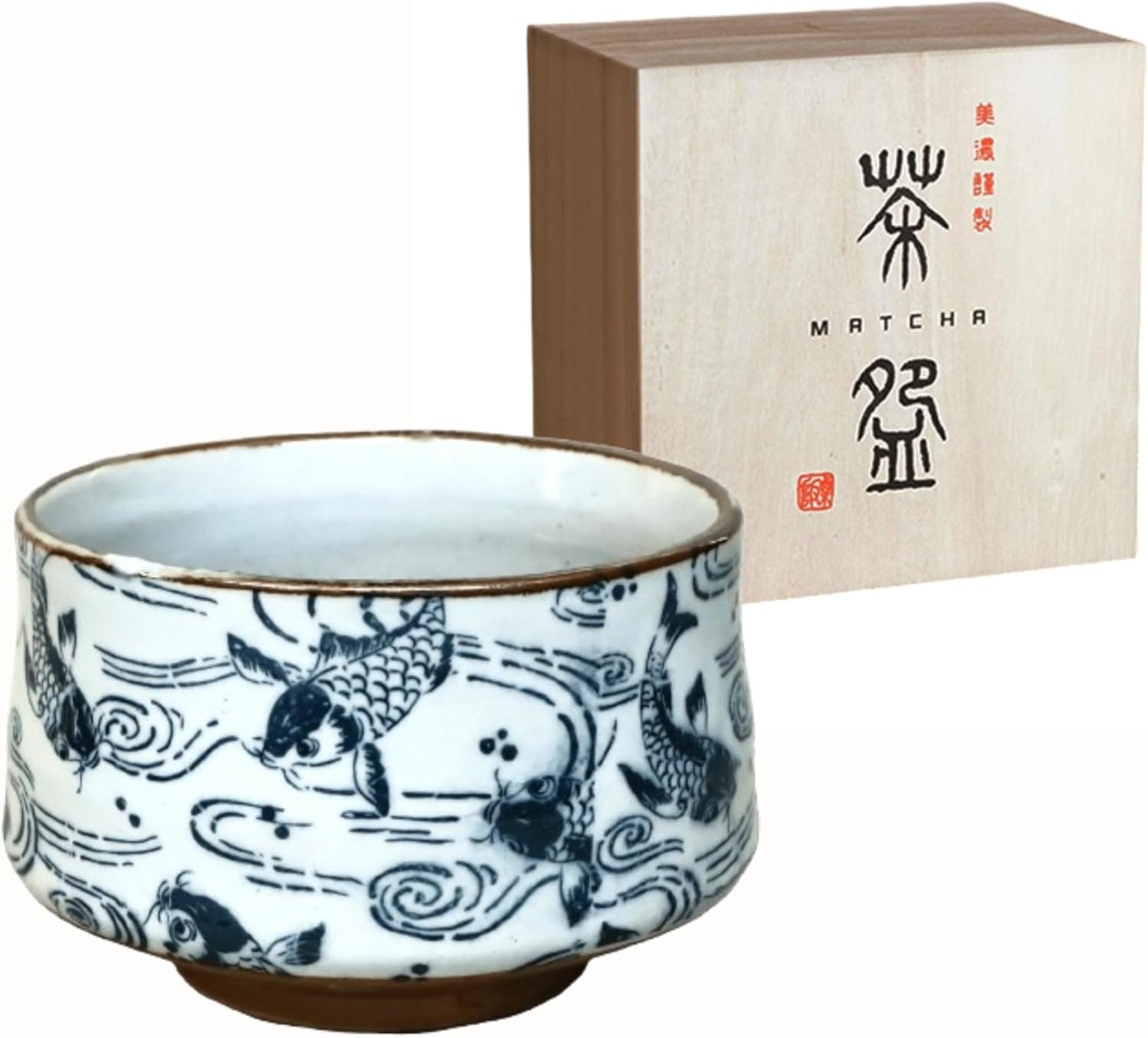 Made in Japan Handmade Matchawan Japanese Ceramic Tea Bowl with Koi Fish and Wave Pattern - Versatile Porcelain Bowl for Matcha, Soup, or Dessert - Gift Box Included For gift, Birthday, Thanksgiving