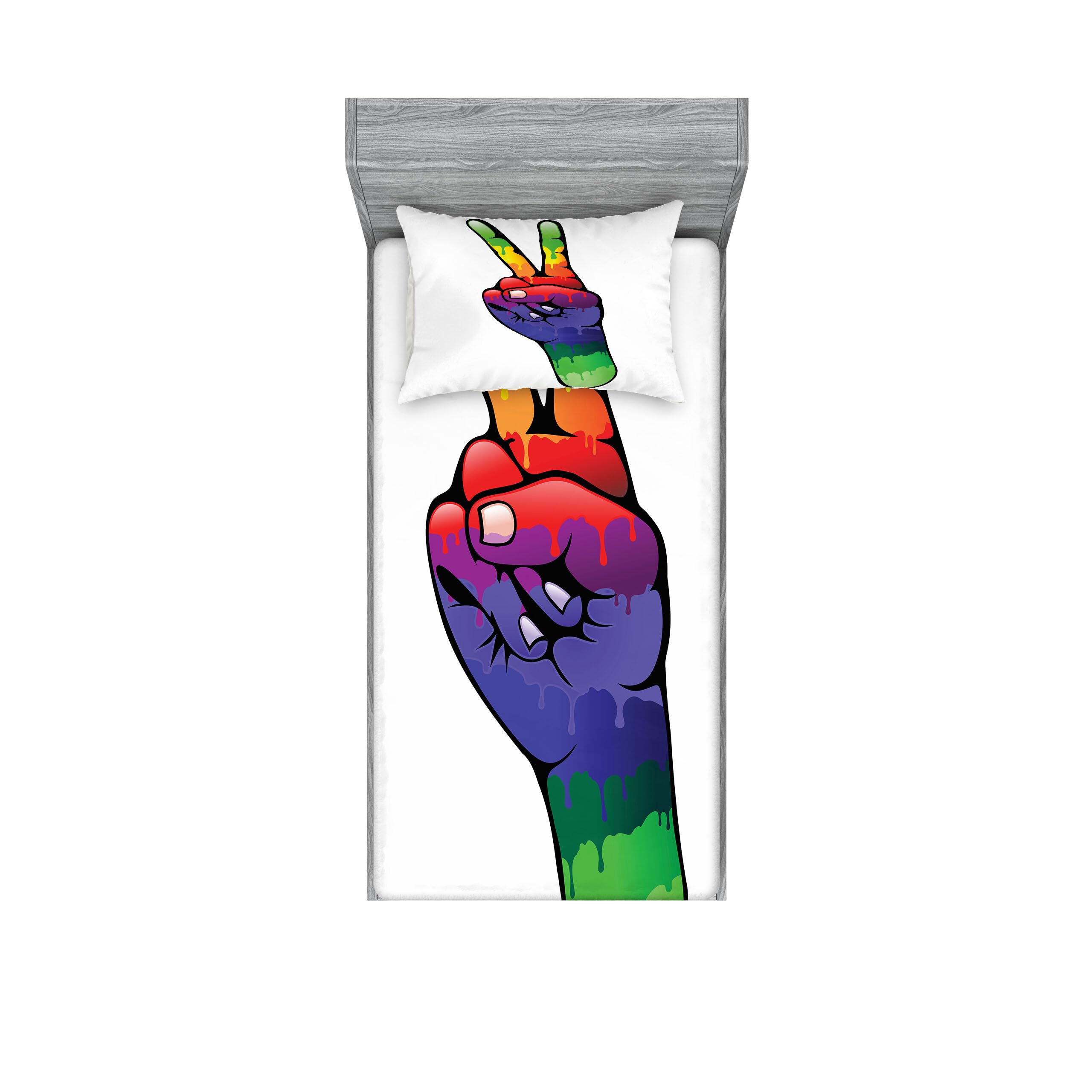Ambesonne Groovy Fitted Sheet & Pillow Sham Set, Hand Peace Love Sign in Rainbow Colors Internationally Recognized Universal Print, Decorative Printed 2 Piece Bedding Decor Set, Twinxl, Green Purple