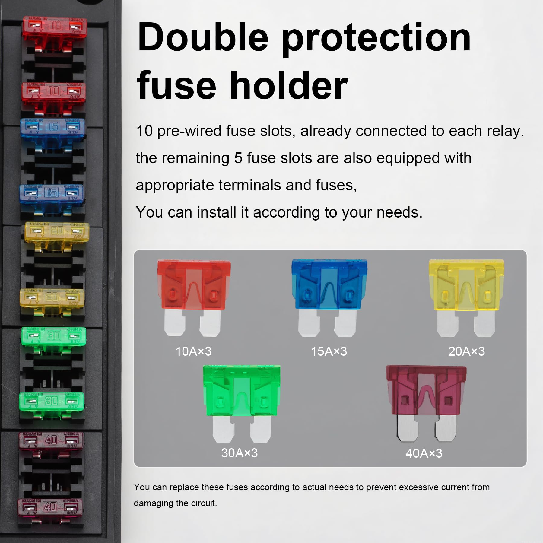 12 V 40 A 10 casse di fusibili e relè, 10 relè e 10 fusibili ATC/ATO, blocco di sicurezza universale per auto, camion, barca e jeep