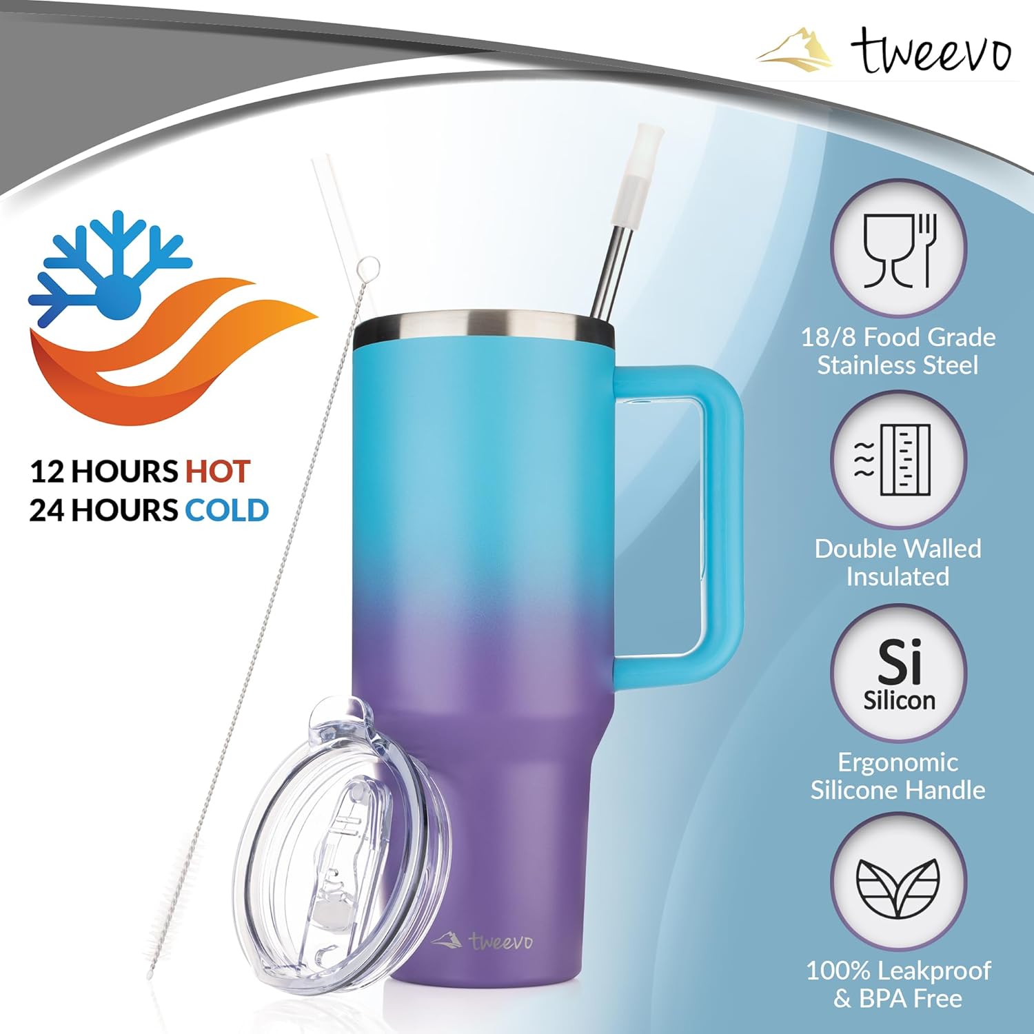 40 oz Tumbler With Handle and Straw Made of Stainless Steel - Double Wall Vacuum Insulated Tumbler With Lid - Sweat Proof Easy Grip, BPA-Free, Dishwasher Safe Tumbler (Amethyst) - Image 2