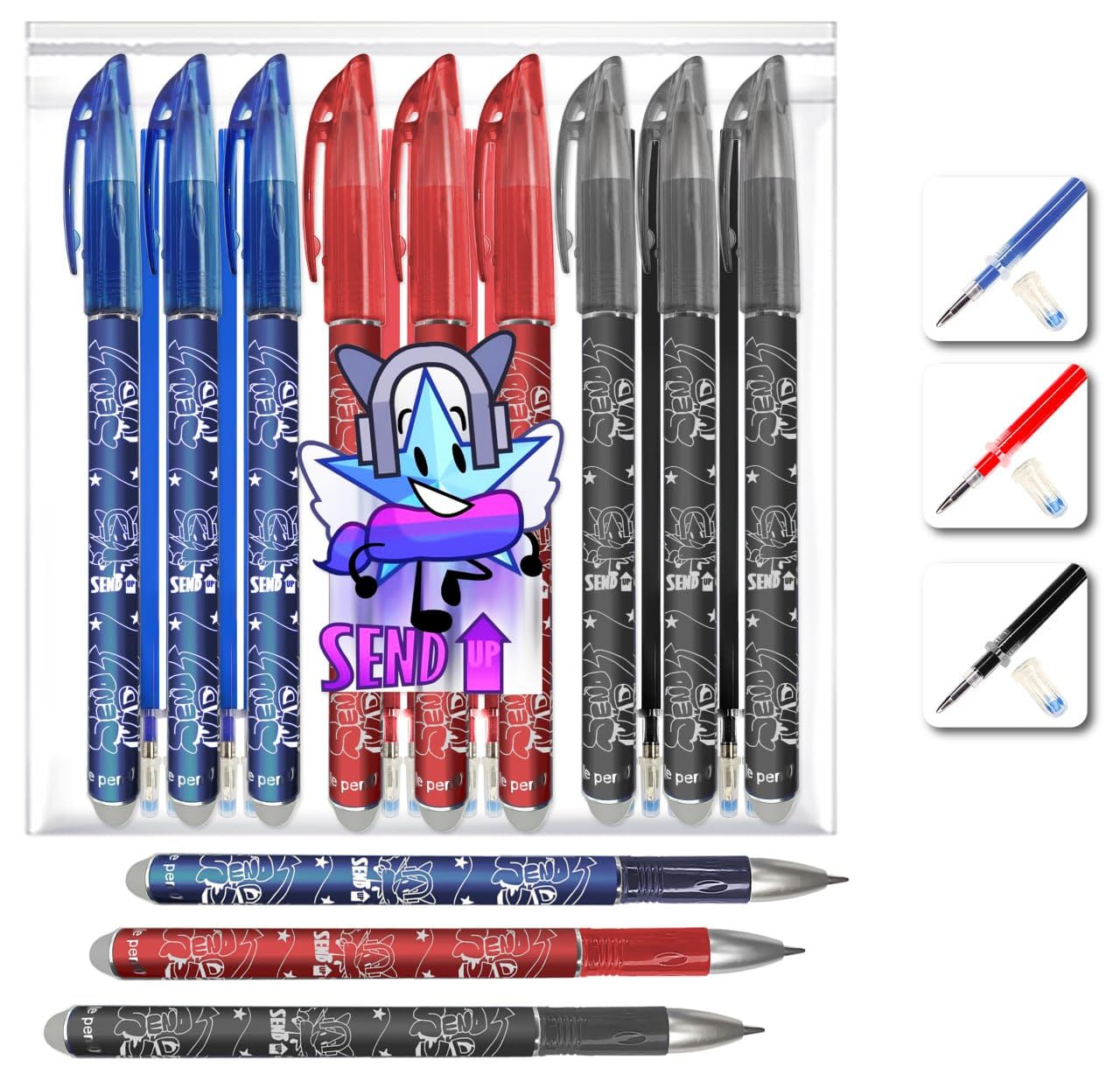 Set 9 Bolígrafos Borrables (3 Rojos, 3 Negros, 3 Azules) + 18 Recambios (6 Rojos, 6 Negros, 6 Azules) – Punta 0,5mm – Tinta Termosensible para Escuela, Marcado Preciso sobre Tela y Piel
