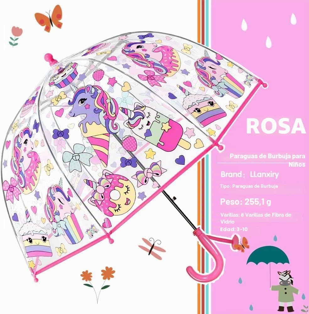 Rhomba Paraguas Transparente de Burbuja para Niños - Ligero y Lindo 8 Fibras Costillas Cúpula Perfecto para Correr (Unicornio Rosa), S