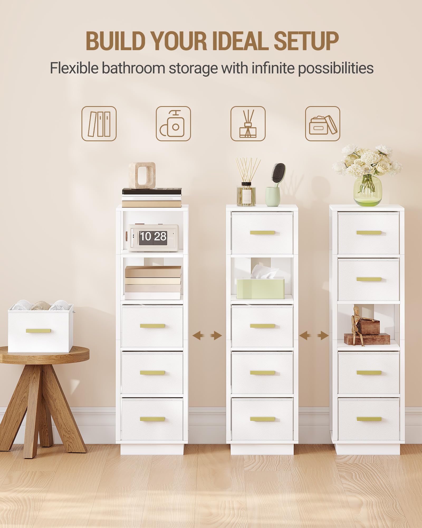 Mobiletto Bagno A Colonna Salvaspazio - Con 4 Cassetti In Tessuto E Ripiano Aperto, 28x28x97.5 Cm, Bianco