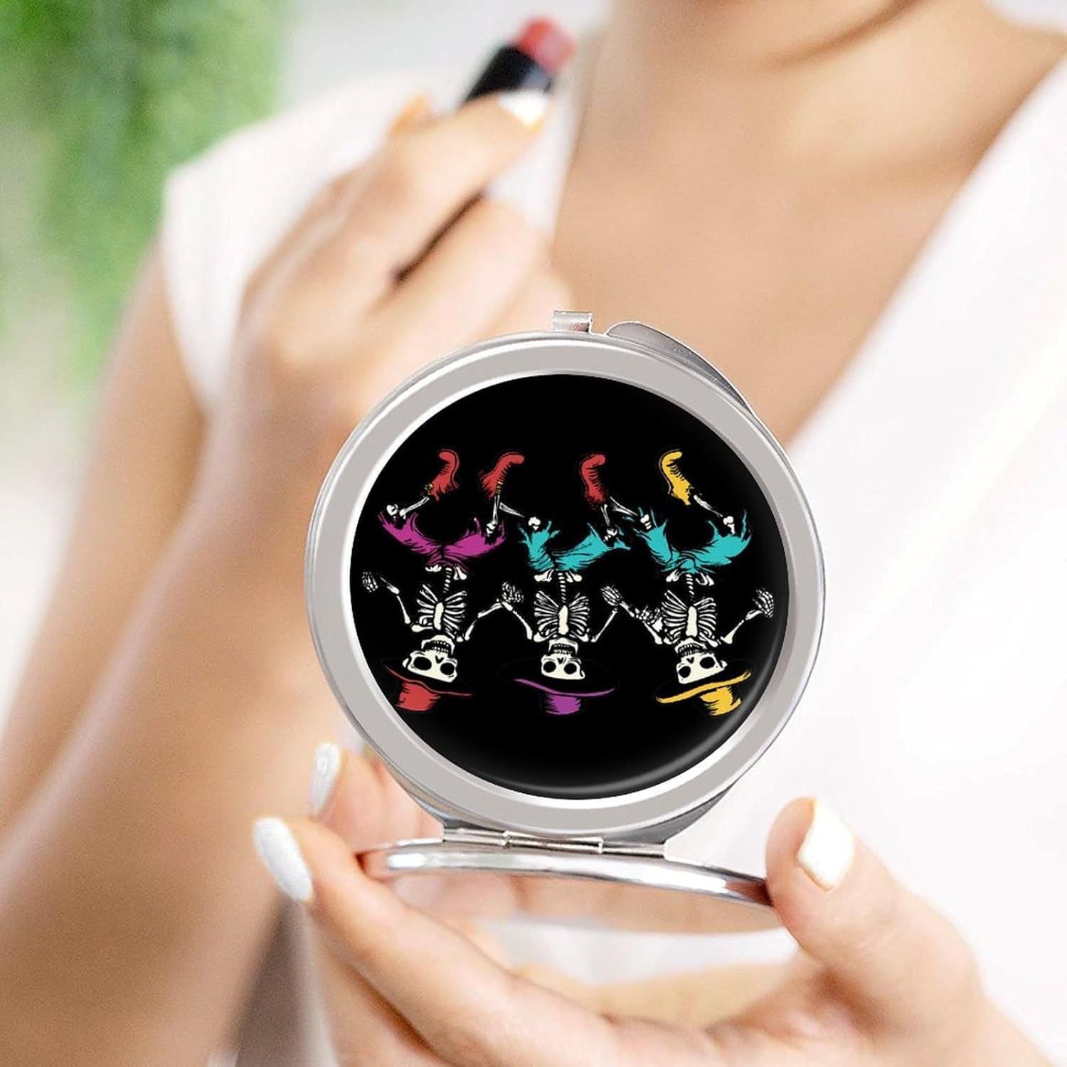 Dancing Skeleton Compact Makeup Mirror Mini Foldable Cosmetic Mirror Portable Travel Mirror for Purse Pocket