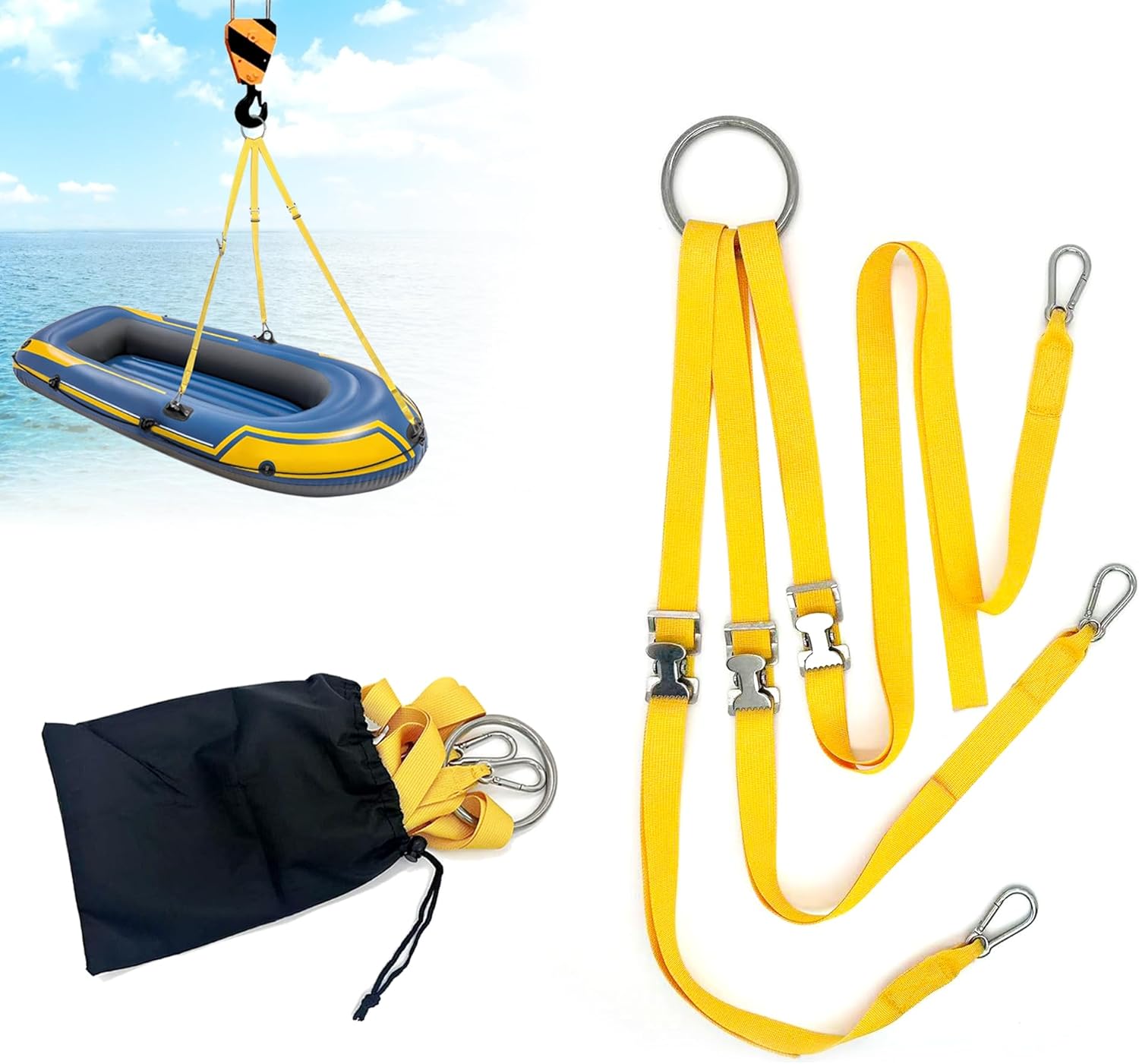 3 Leg Universal Dinghy-Lift Slings for Inflatable Boats Universal Heavy Duty Adjustable Davit Stainless Steel Hardware Nylon Webbing Dinghy Sling System，Load Capacity 1000 lb