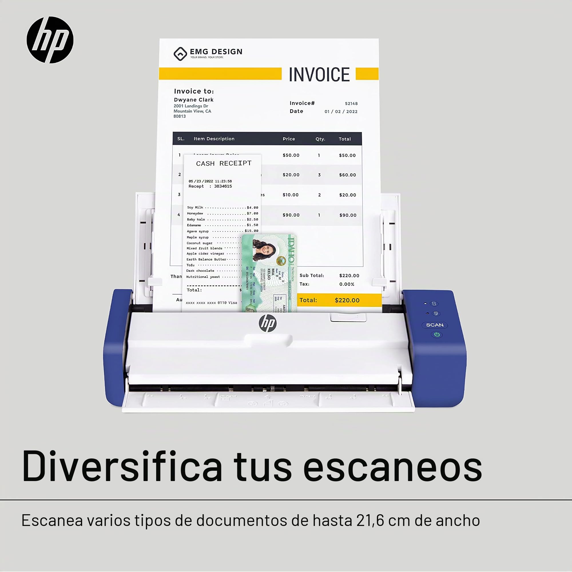 HP Escáner de Documentos y Fotos portátil dúplex de Escritorio Compacto con Bandeja de alimentación automática para escaneo Digital portátil de 2 Caras