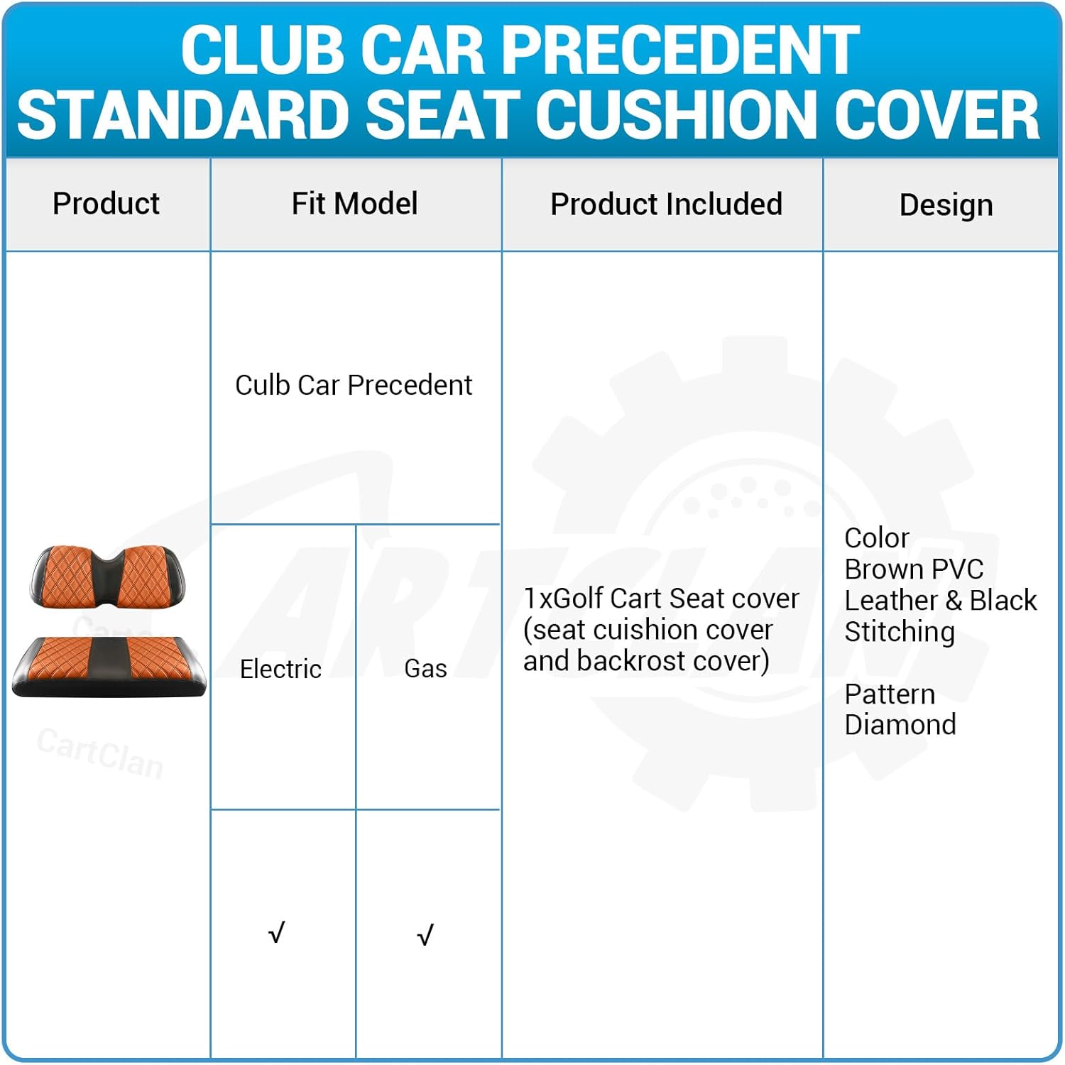 Golf Cart Diamond Seat Covers Kit Suitable for Club Car Precedent Standard Front Seat Cushion, Club Car Front Seat Covers Kit No Drilling & Waterproof (Brown PVC Leather & Black Stitching)