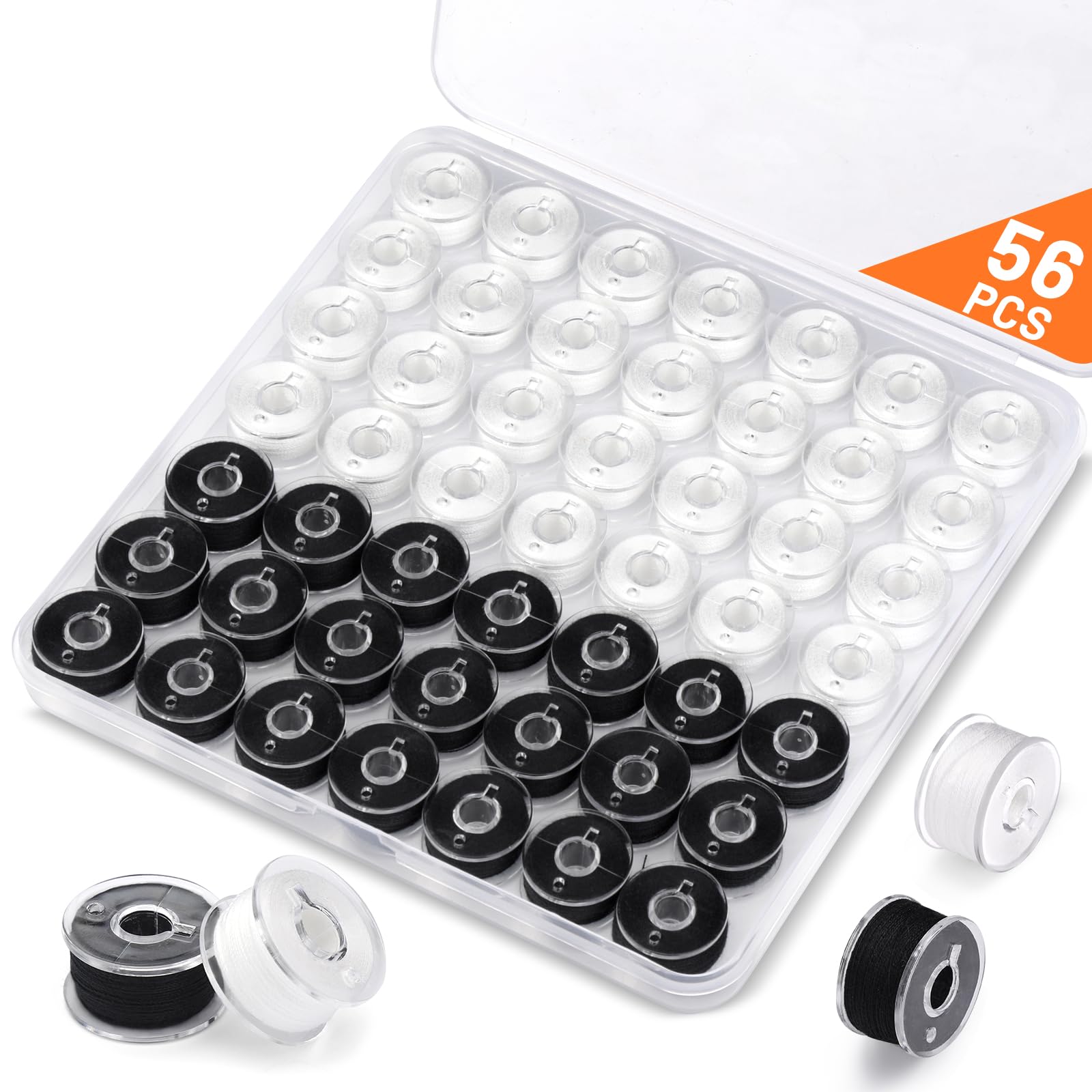 56 Pcs Bobbins for Sewing Machine Bobbins, White Black Sewing Machine Thread with Bobbin Case, Sewing Thread Bobbins Set, Sewing Machine Accessories for Handheld Sewing Machine, Embroidery Machine
