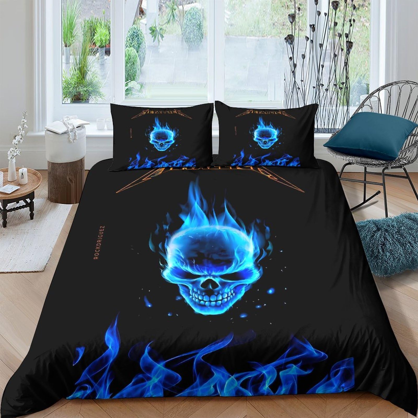 Ctjqhvkz Style-3 3D Printed Blue Flame Skull Fitted Sheet Microfiber Anti-Slip Bed Cover For Bedroom Dorm Decor Easy Care Protection Single（135X200cm）