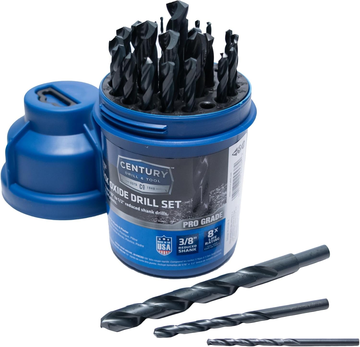 Century Drill & Tool 24538 Pro Grade Reduced Shank Black Oxide Drill Set, 29 Piece, Made in The USA