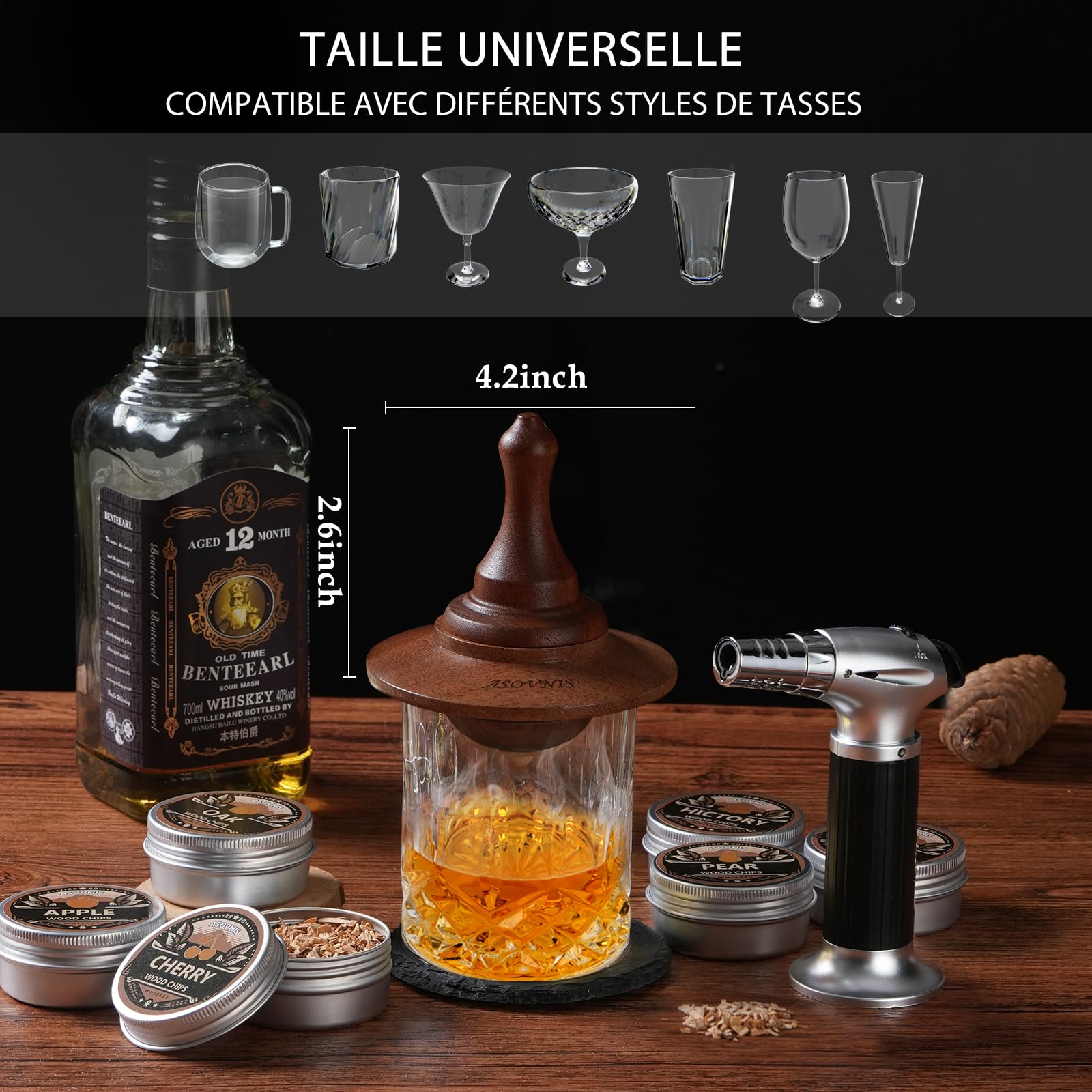 Kit fumoir à Whisky avec Torche – 6 Saveurs de copeaux de Bois, 2 Verres, 6 Pierres, kit d'infusion à Cocktail, Boisson Ancienne, Cadeau d'anniversaire pour Homme, Papa (sans Butane) (Ébène)