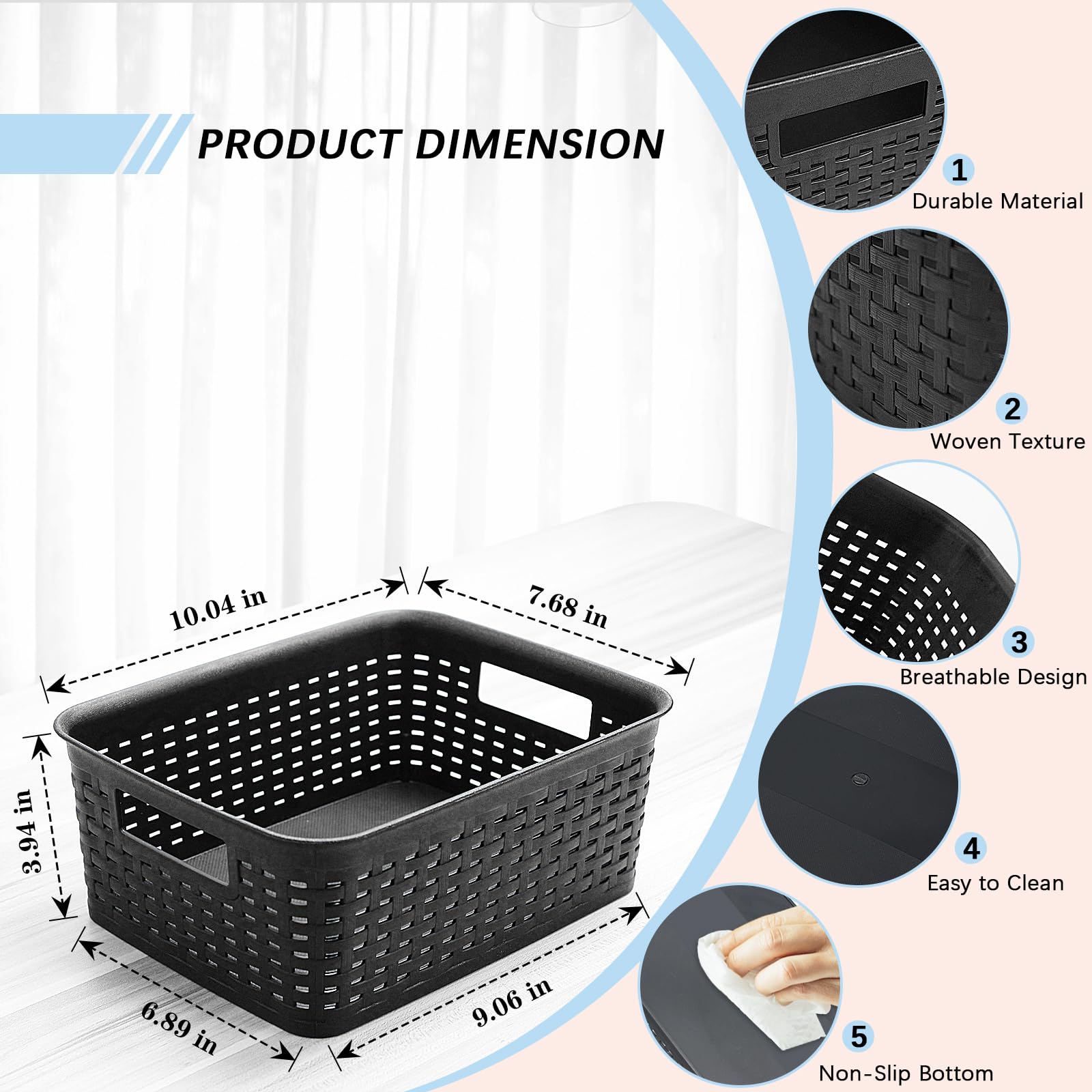 Soddeph Plastic Storage Baskets - 3-Pack, Black Woven Organizer Bins With Handles For Pantry, Cabinet, Bathroom, Under-Sink - View #6