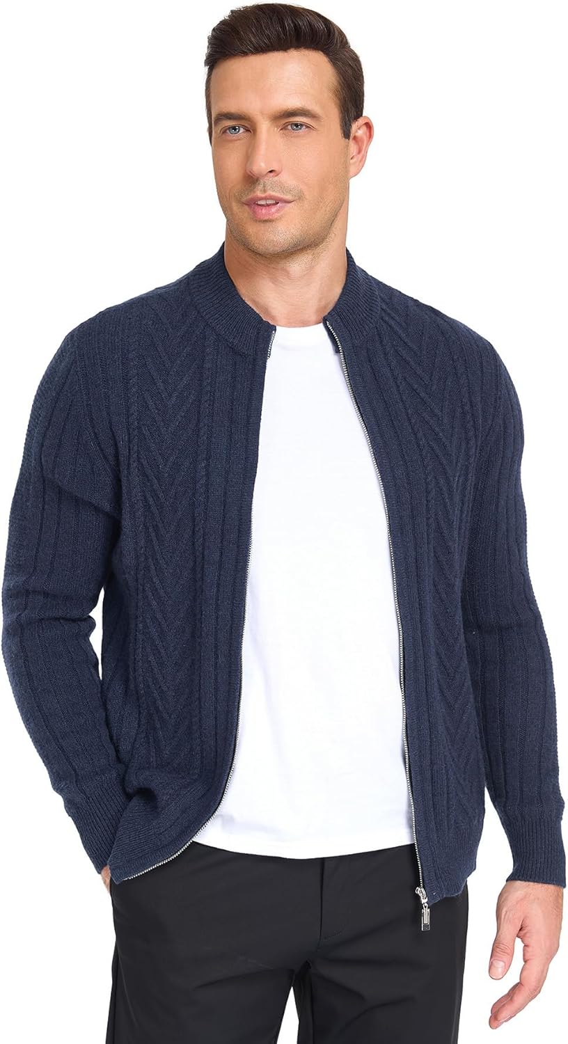 Men's 100% Wool Full-Zip Sweater Mid-Weight Cable Knit Cardigan