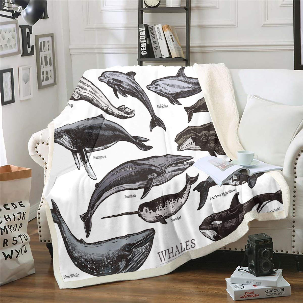 Tbrand Whale Fleece Throw Blanket for Sofa Couch Bed Ocean Marine Theme Plush Blanket Decorative Sea Underwater Creature Sherpa Blanket Black Sealife Aquatic Animal Warm Fuzzy Blanket Single 50"x60"