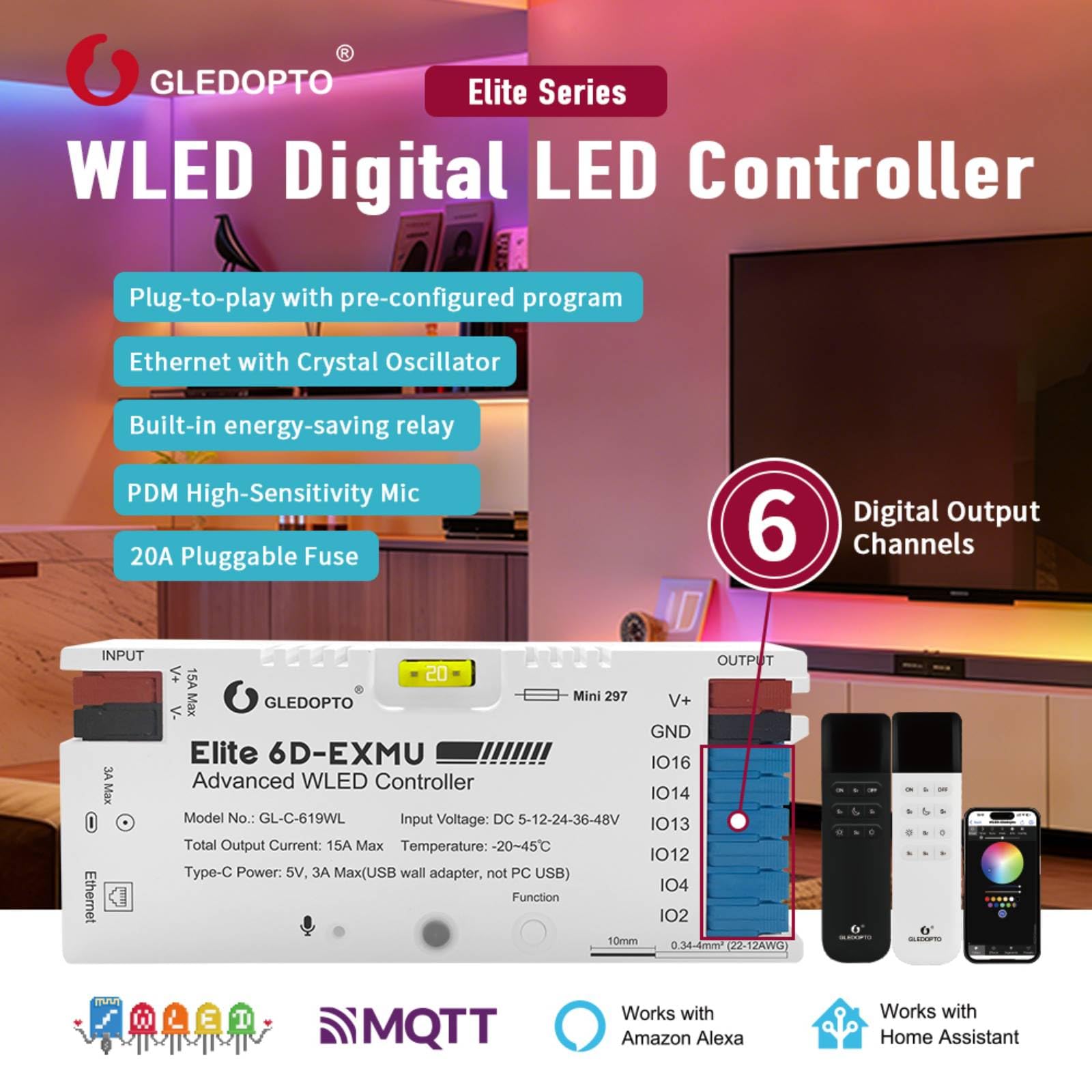 GLEDOPTO Contrôleur WLED 6 Sorties – ESP32 WiFi + Ethernet, 5-48V 15A, Audio Réactif, Relais, Compatible WS2812B/WS2815/SK6812 pour Bandes LED Adressables