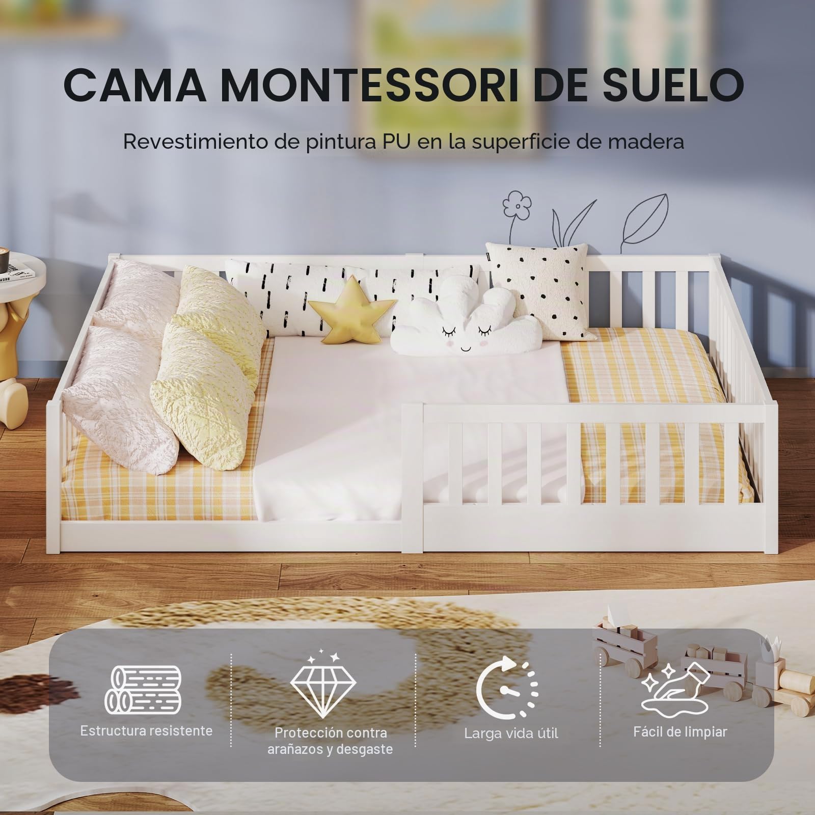 labebe Cama baja para niños 140 x 200, cama Montessori de madera maciza blanca con barandillas de seguridad y somier (colchón no incluido) Adecuada para niños y bebés