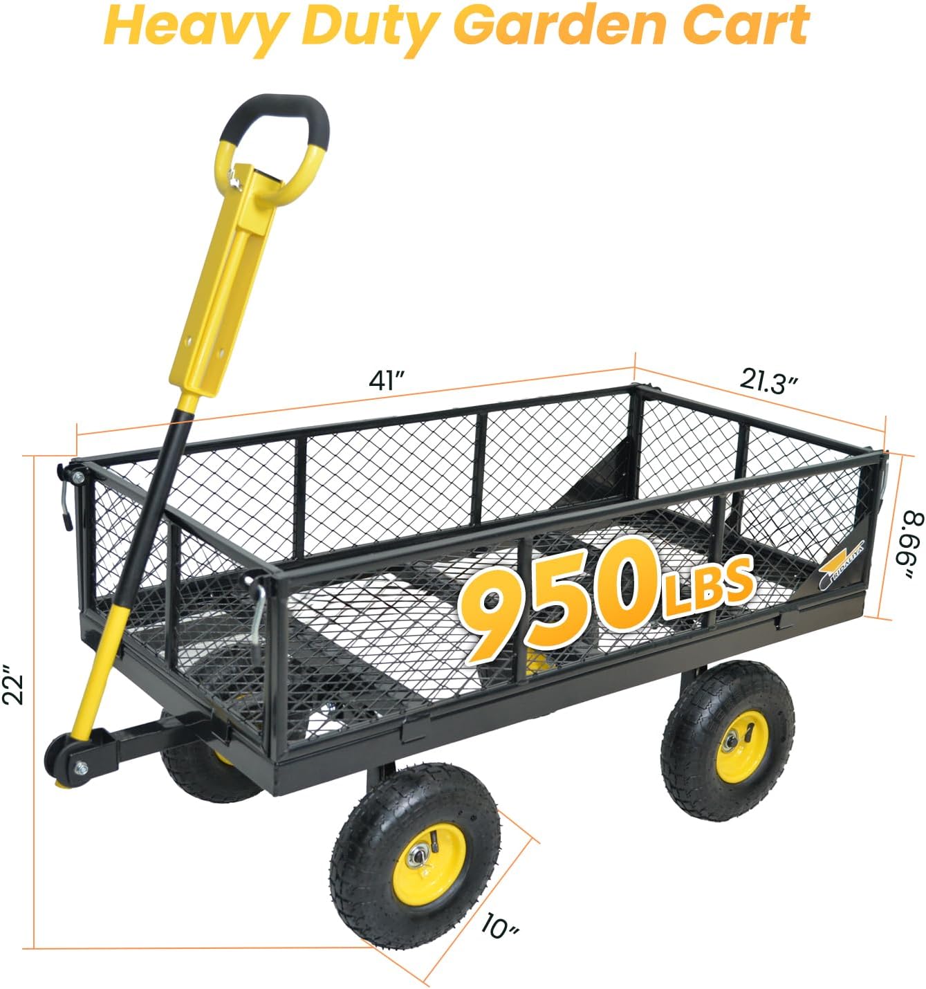 950 lbs steel garden cart, heavy duty yard utility wagon with 10" pneumatic tires, removable mesh sides and 180° rotating anti-slip 2-in-1 convertible handle 950lbs with 2-in-1 convertible handle