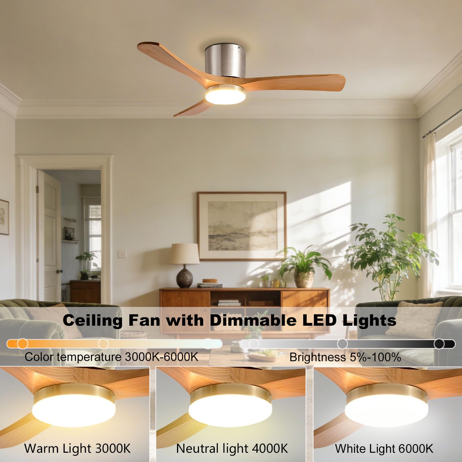 Ventilatore da soffitto in Legno con Luce, Stile Vintage, Silenzioso, a LED dimmerabile, Ideale per Camera da Letto, Sala da Pranzo e Soggiorno. Moderno, Intelligente, con telecoma