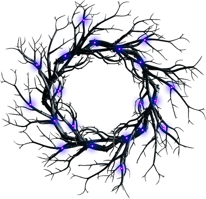 GGXDH Black Twig Halloween Wreath with Purple LED Lights