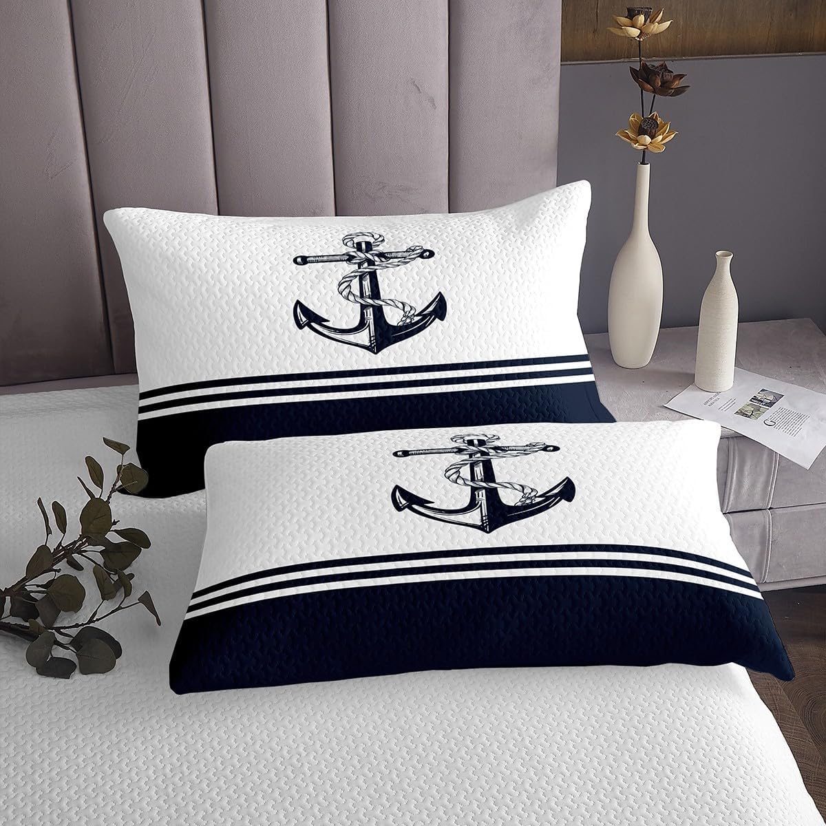 jejeloiu Anchor Decor Bedspread Queen Size Kids Nautical Themed Quilted Coverlet for Boys Teens Ocean Coastal Coverlet Set Breathable Sea Adventure Navy Blue White Quilted Room Decor
