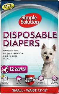 Simple Solution Disposable Female Dog Diapers, Absorbent Leak Proof Protection for Incontinence, Puppy Training, Heat Cycle, Travel, and Housebreaking, Small Dogs, 15–19 Inch Waist, 12 Count