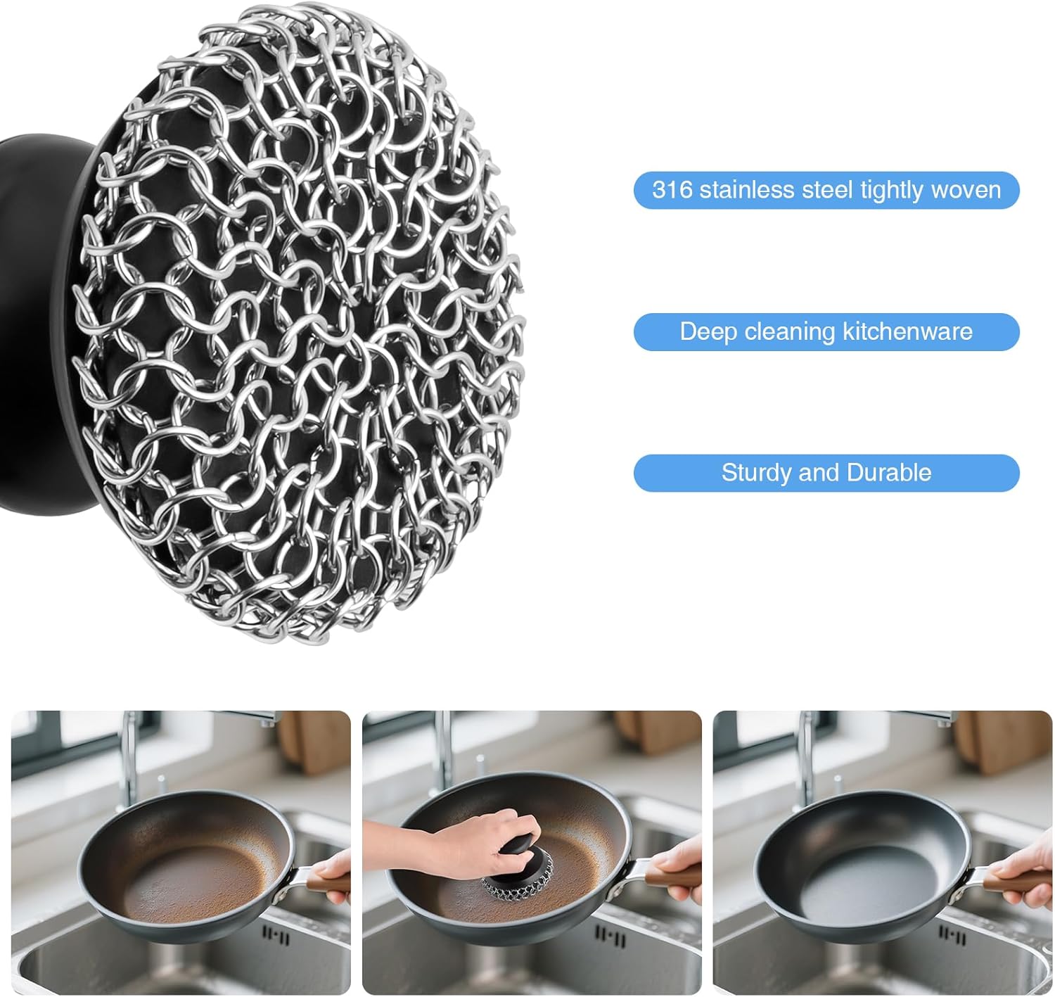 2PCS Cast Iron Scrubber Cleaner, Chainmail Scrubber for Cast Iron Pan Skillet, Dish Scouring Pad, 316 Stainless Steel Brush/Scraper for Metal Skillet Scrubbing, Wok, Dutch Oven Cleaning Kit - Thick