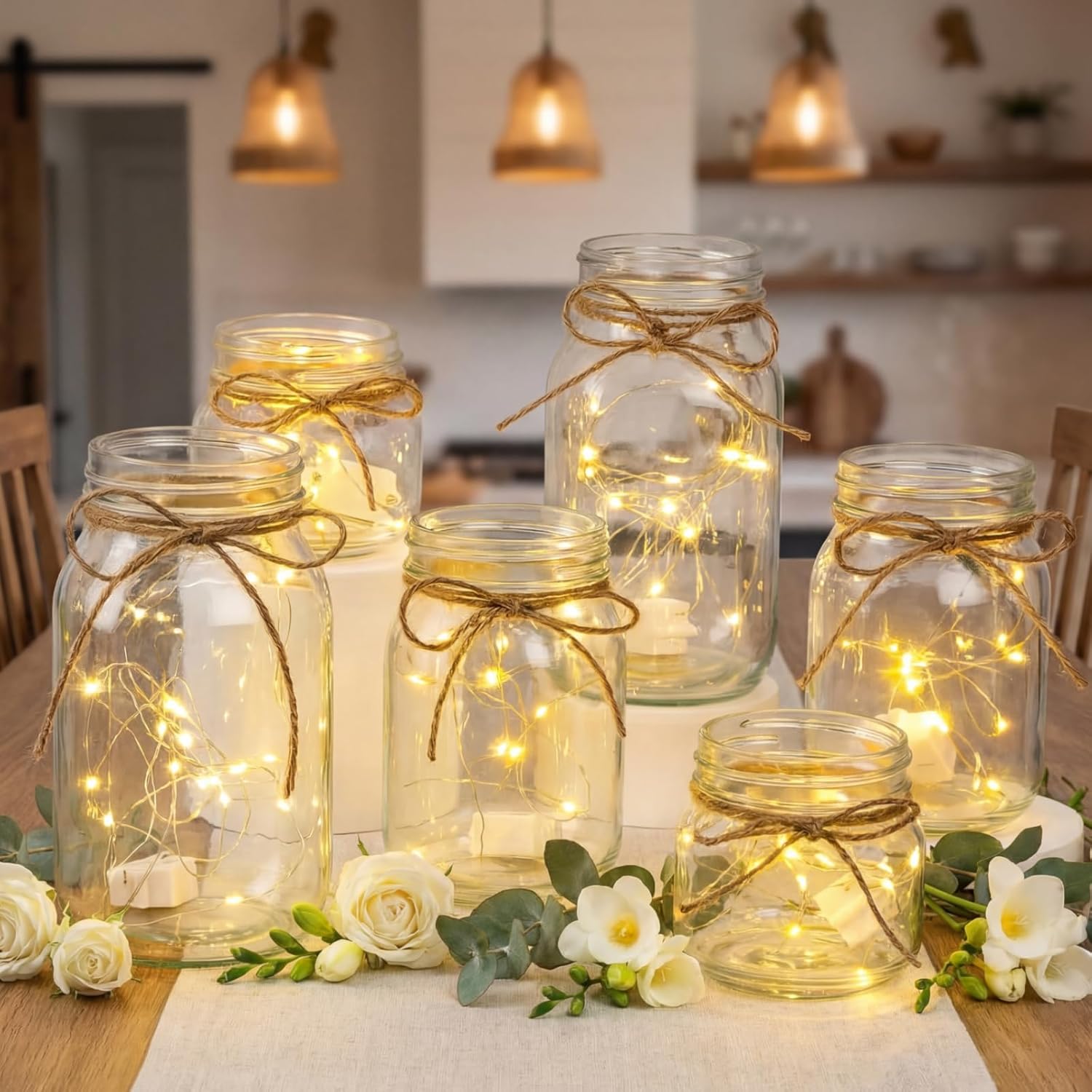 6 pcs Glass Mason Jar with LED Light for Table Centerpiece Decorations Set Clear Rustic Farmhouse Coffee Table Decor with LED Lights for Wedding Dining Room Kitchen Decor