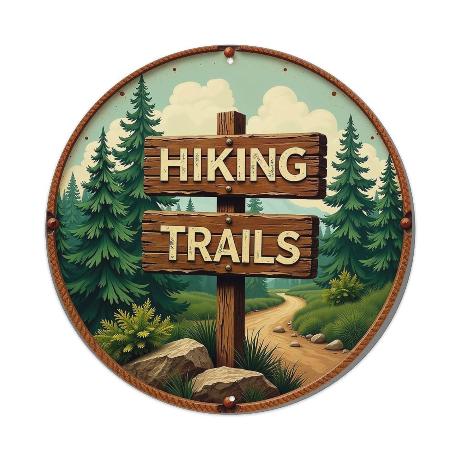 Hiking Trails Sign Forest Path Vintage Round Tin Sign Retro Metal Wall Decor Metal Poster, Home Bar Garage Cafe Wall Art Decoration 8x8Inches