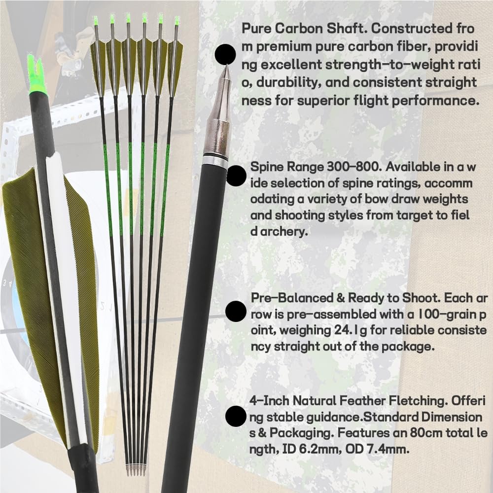 Flèches en Carbone Pur 6/12 pièces 31,5 Pouces, ID 6,2 mm, flèches à Plumes de dindon Naturelles,ompatibles arcs recurve et arcs à poulies pour Chasse et tir sur Cible