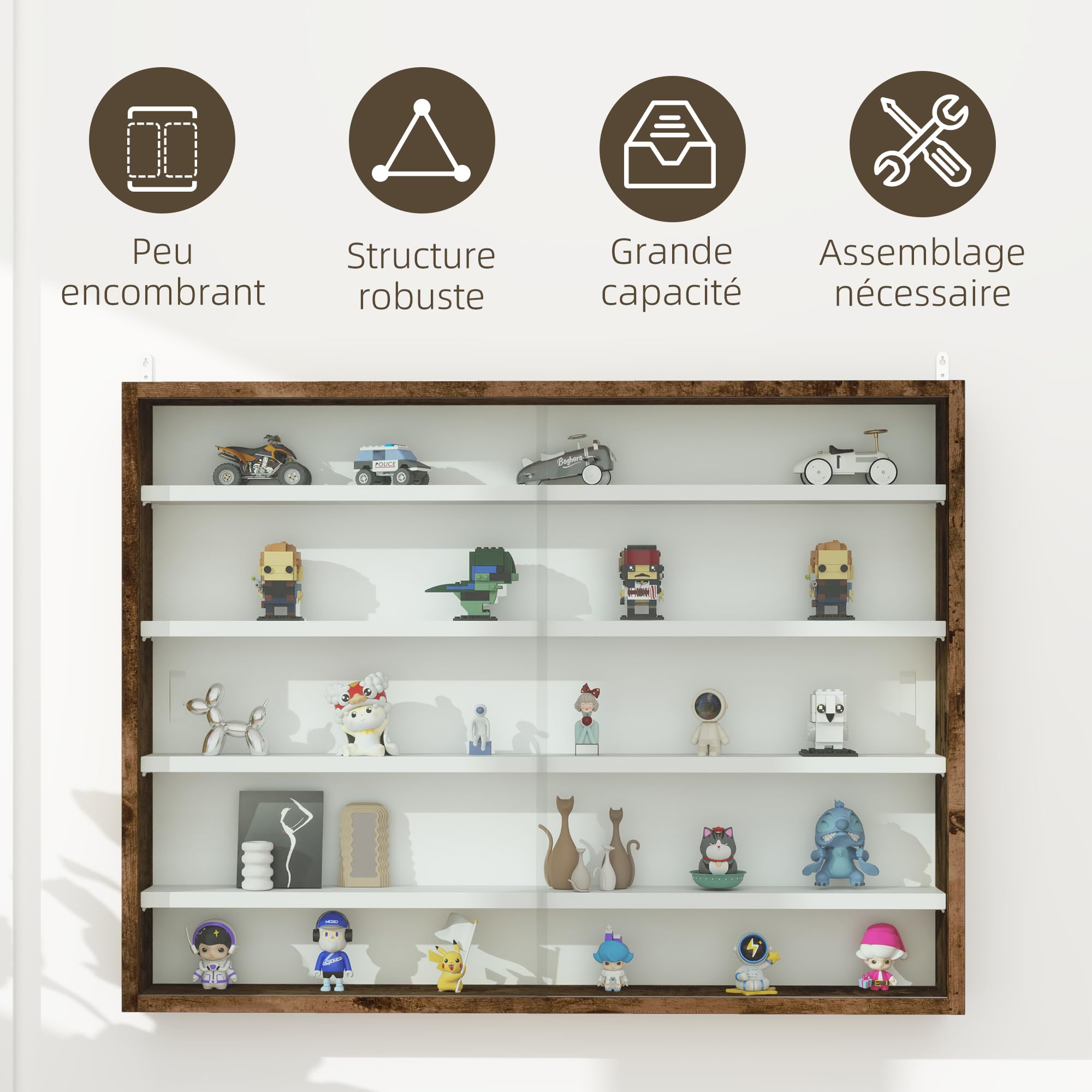 HOMCOM Vitrina para colección Armario de Pared 80 x 9,5 x 60 cm con 4 estantes Regulables en Altura y 2 Puertas correderas de Cristal, para Colecciones de Coches en Miniatura y figuritas, marrón