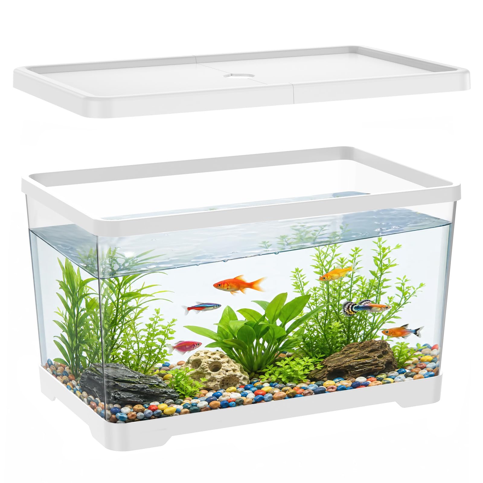 2 Gallon Plastic Fish Tank with Drain Hole - 30x19x17cm Shatterproof Small Rectangular Aquarium for Betta Fish & Guppies - Clear Desktop Terrarium Bowl for Home Office(White)