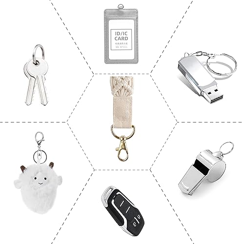 Miniatura 6 de Mkono Llavero de macramé, bonito llavero de pulsera, cordón de muñeca tejido bohemio para llaves, llaveros para tarjetas de identificación de coche