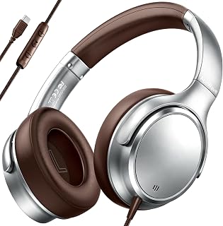 Wired Over-Ear Headphones with Mic, USB Type C Headphones with Cord, Silver | Volume Control, Lightweight Folding Stereo Headset for iPad/Tablet/Laptop/iPhone 16/15/School/Trave/Sports(White Storage Bag)