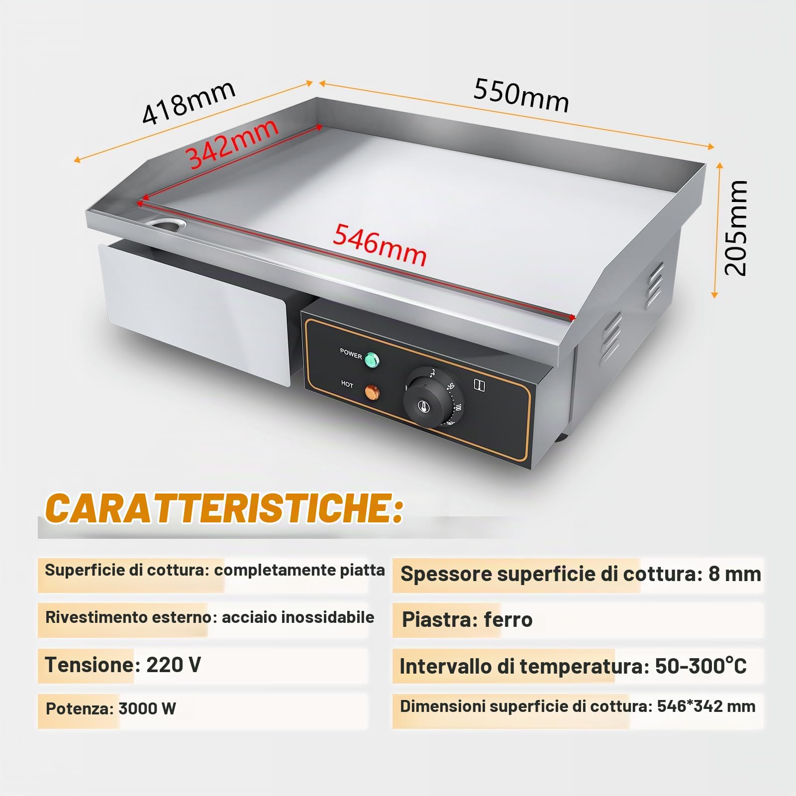 Piastra elettrica/Fry top professionale da banco Piastra riscaldante in acciaio inossidabile da cucina Controllo termostatico 3000W 55cm