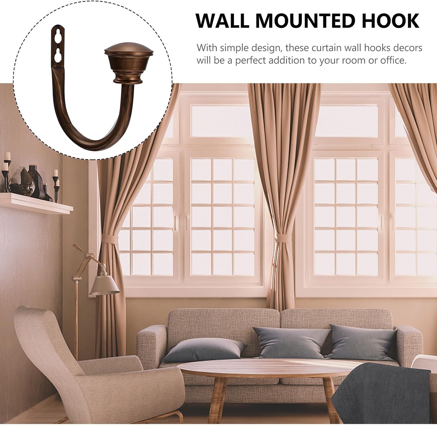 U-Shape Curtain Hooks 11mm Iron Wall Mounted Tiebacks Copper Finish Drapery Holdbacks for Window Treatment Home Decor