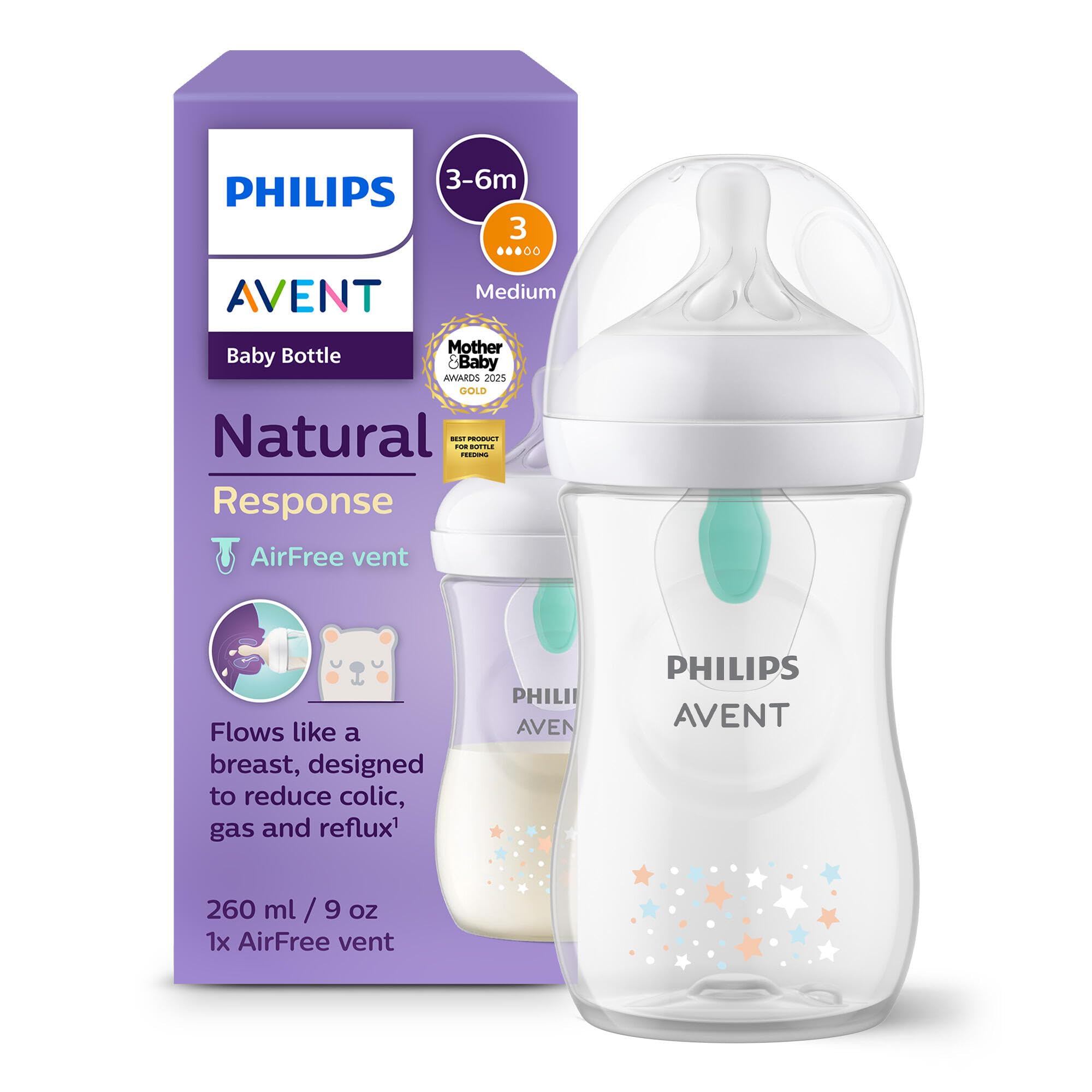 Philips Avent Natural Response Baby Bottle - 260ml Baby Milk Bottle with AirFree Vent, BPA Free for Newborn Babies Aged 1 Months+, Bear Pattern (Model SCY673/82)