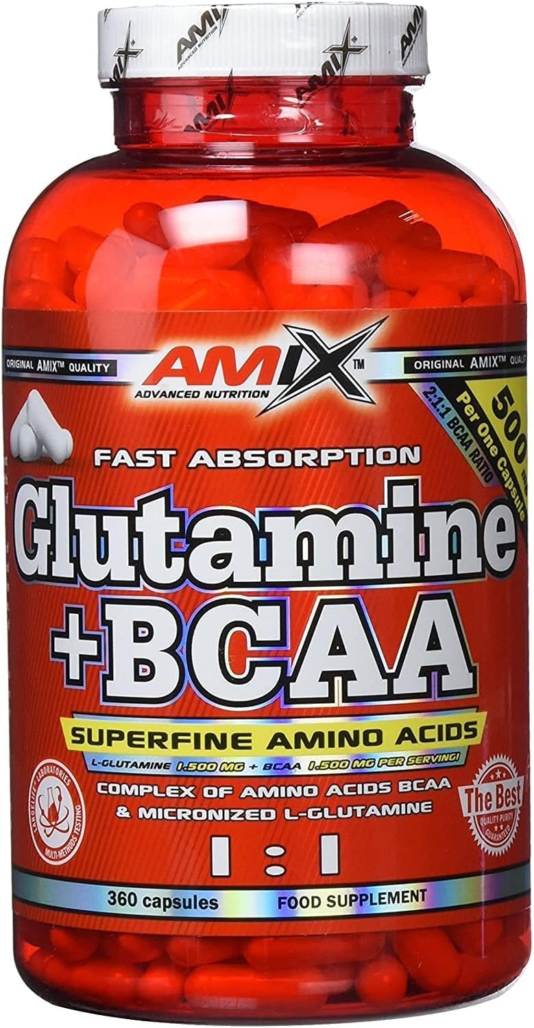 AMIX Bcaa Glutamin Kapseln – Nahrungsergänzungsmittel aus verzweigtkettigen Aminosäuren, reduziert den Muskelkatabolismus und erleichtert die Erholung nach dem Training, 360 Kapseln