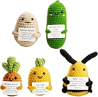 Pymoji 5-Pack Handmade Crochet Emotional Support Dolls - Funny Positive Potato, Pickle, Carrot & Bee with Cards | Gag Gifts, Birthdays, Desk Decor