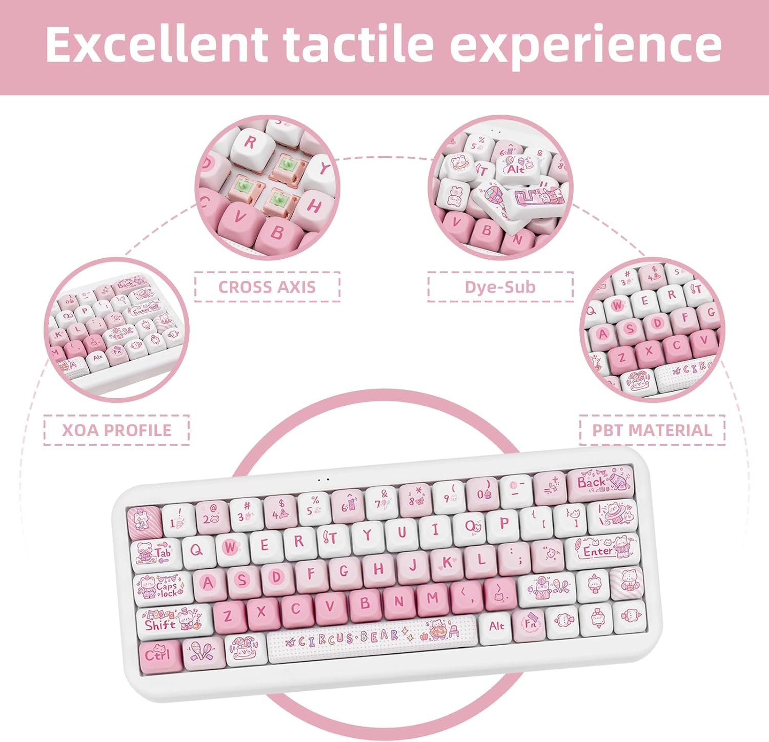 130 Keys PBT Pink Keycaps MOA Profile Keycaps Cute Bear Keycap Cartoon Key Cap Set Compatible with Gateron Kailh Cherry MX Switch Mechanical Gaming Keyboard