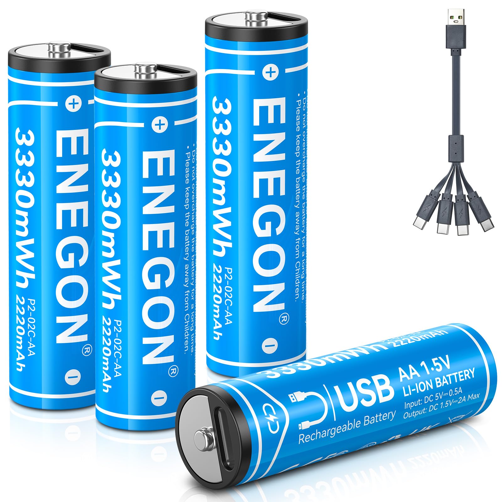 ENEGON AA Rechargeable Batteries 3330mWh 1.5V Lithium Batteries (4-Pack), USB C Rechargeable AA Batteries with 4-in-1 Charging Cable - Charge via Type-C, No Charger Required