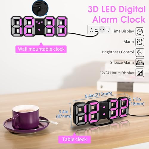 Miniatura 2 de Reloj de pared LED 3D, reloj de pared digital de 8.4 pulgadas, reloj LED con 3 niveles de brillo ajustables para el hogar, cocina, oficina (con