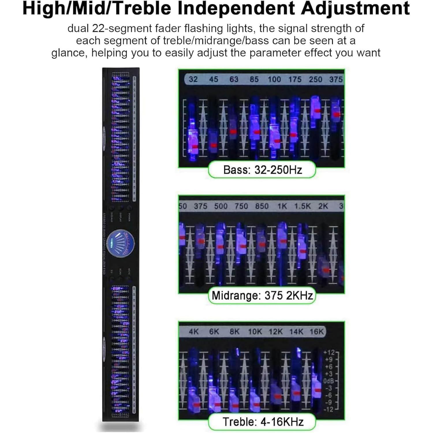 Equalizzatore audio, grafica stereo a doppio canale, 22 bande, 10 effetti preimpostati, regolabile basso/medio/alto, riduzione automatica del rumore, ideale per registrazione e palcoscenico