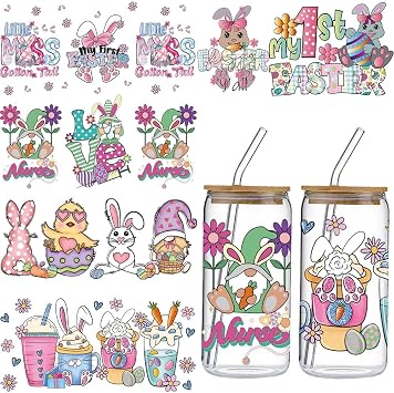Easter Bunny UV DTF Cup Wraps, 5 Sheets Cute Easter Bunny Uvdtf Tumbler Wrap for 16oz Glass Coffee Cups, My 1st Easter Day Egg Basket Chick Waterproof Rub on Transfer Sticker DIY Craft for Easter Day