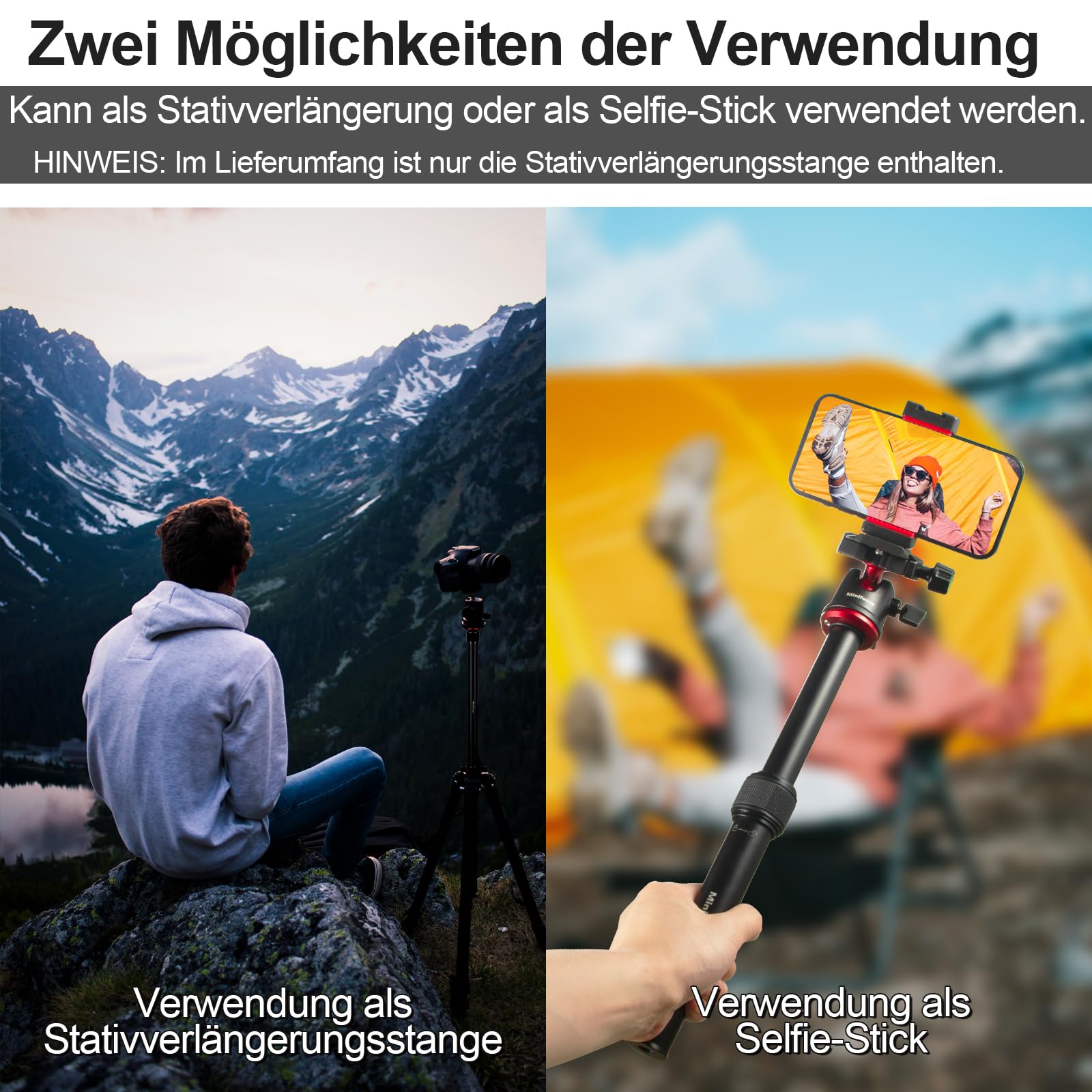 Stativverlängerung 2 Abschnitte Mittelsäule, 34-60cm Aluminium Teleskopstange, 15kg Tragkraft, 1/4" 3/8" Gewinde für Kamerastativ, Handystativ, Selfie Stick, Kamera, GoPro, Insta360