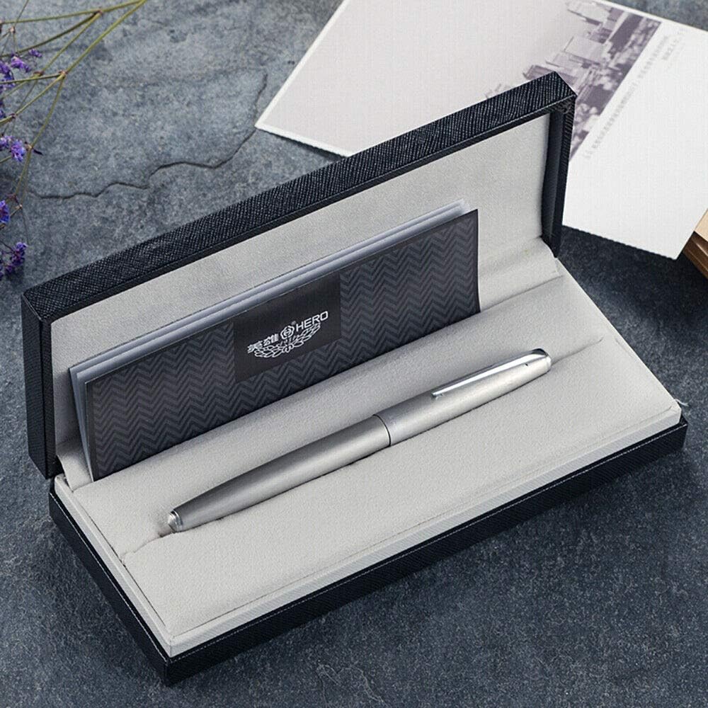 Lanxivi upgraded Hero 100 14K Fountain Pen Fine Nib, Solid Stainless Steel Well-Balanced Pen with Converter & Gift Case Set