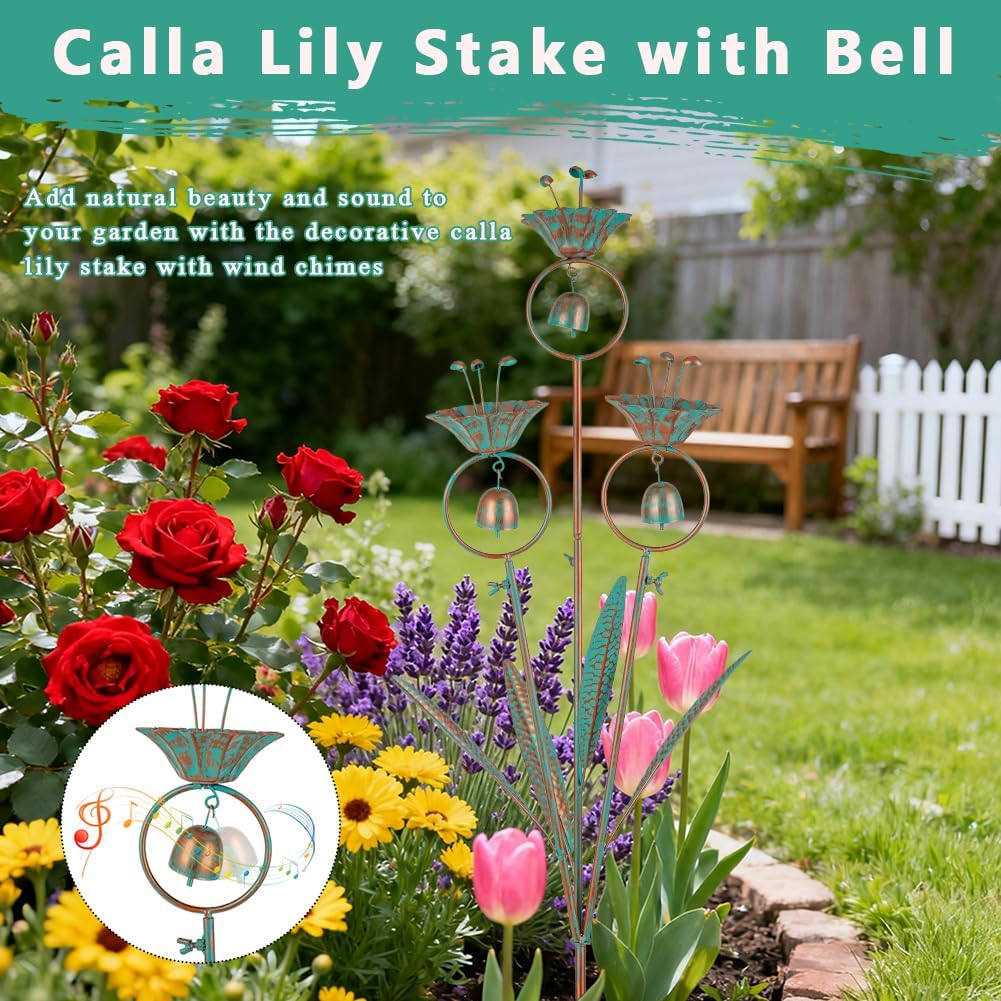 Calla Lily Garden Stake with Bells, Metal Flower Decorative Garden Stakes, 34" H Yard Art for Outdoor Lawn Patio Pathway Decor, Bronze