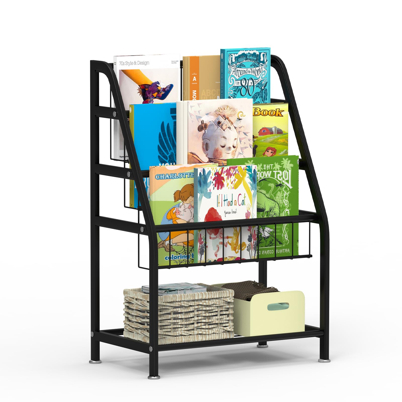 Huhote Children Kids Bookshelf, Small Bookcase, Kids Book Rack, Book and Toy Storage Organizer Display Stands Shelf for Small Place Living Room Study Children's Room (Black)