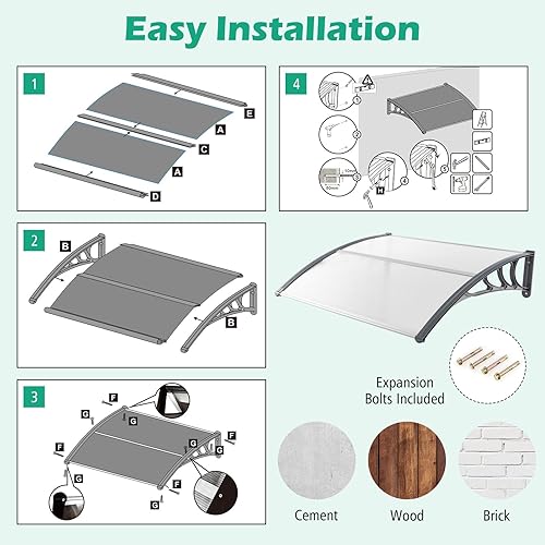 Miniatura 6 de Tangkula Paquete de 2 toldos para ventana de 40 x 48 pulgadas, toldo moderno de policarbonato para puerta superior con hoja hueca para protección