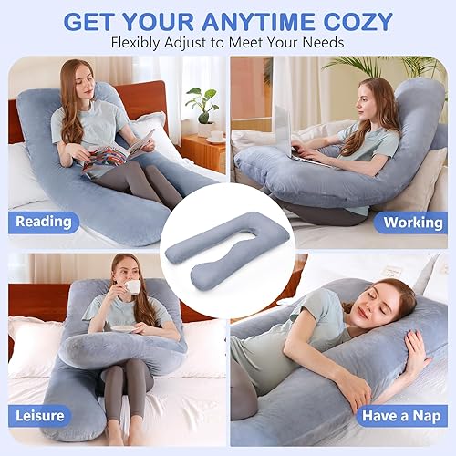 Miniatura 5 de Almohadas de embarazo, almohada de cuerpo completo en forma de U con funda de terciopelo lavable, almohadas de embarazo de maternidad de 55 pulgadas