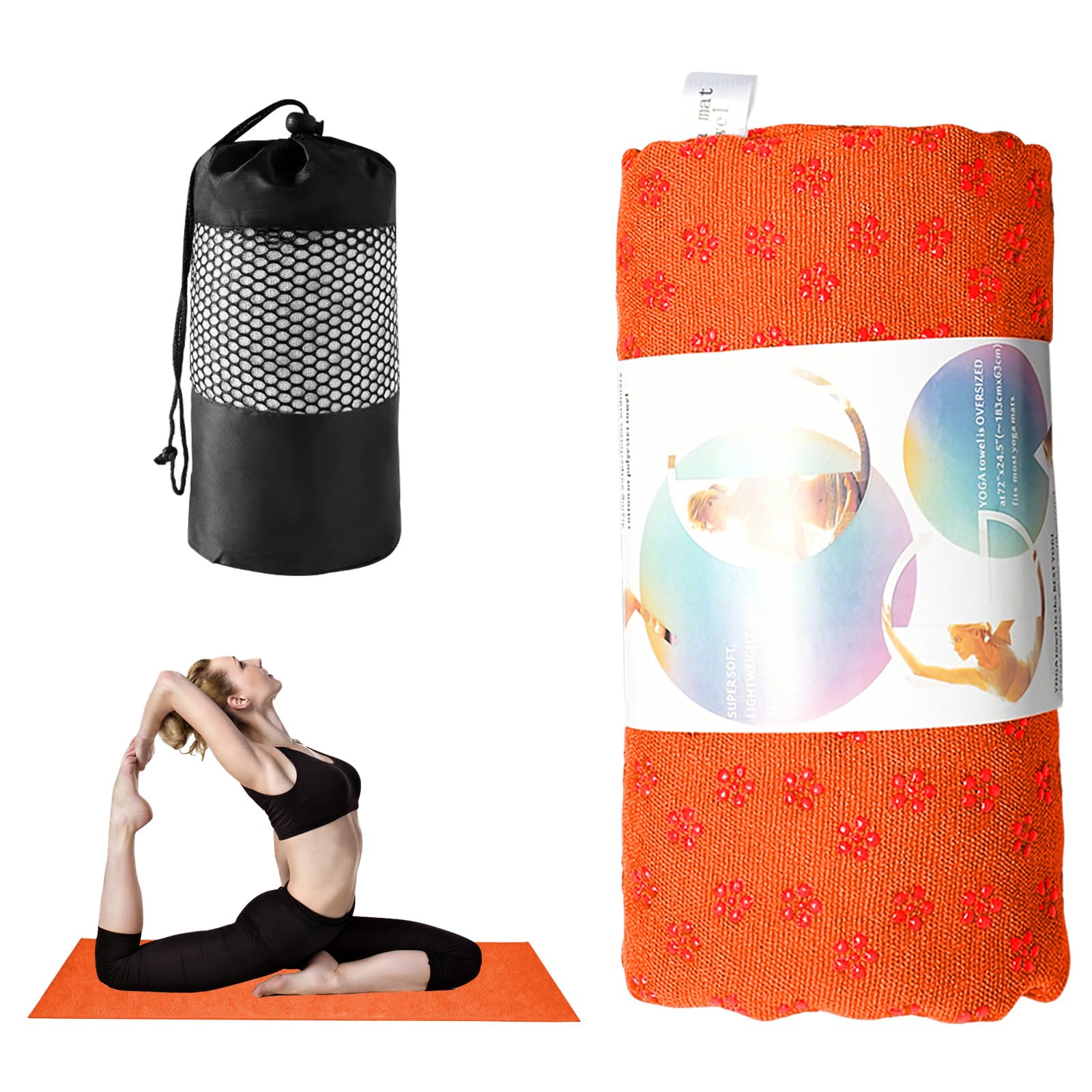 Upgrade Yoga Towel with Grip Dot,Microfiber Yoga Mat Towels with Storage Bag Non Slip for Hot Yoga,Absorbent Sweat Anti-Slip Cover,Bikram,Pilates,Exercise,Fitness (Orange)